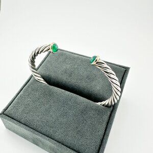David Yurman Cable Cuff Bracelet w/ Green Onyx & 14K Yellow Gold - Large